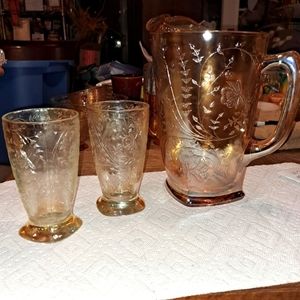 Vintage Jeanette Louisa floragold peach luster pitcher and tumblers